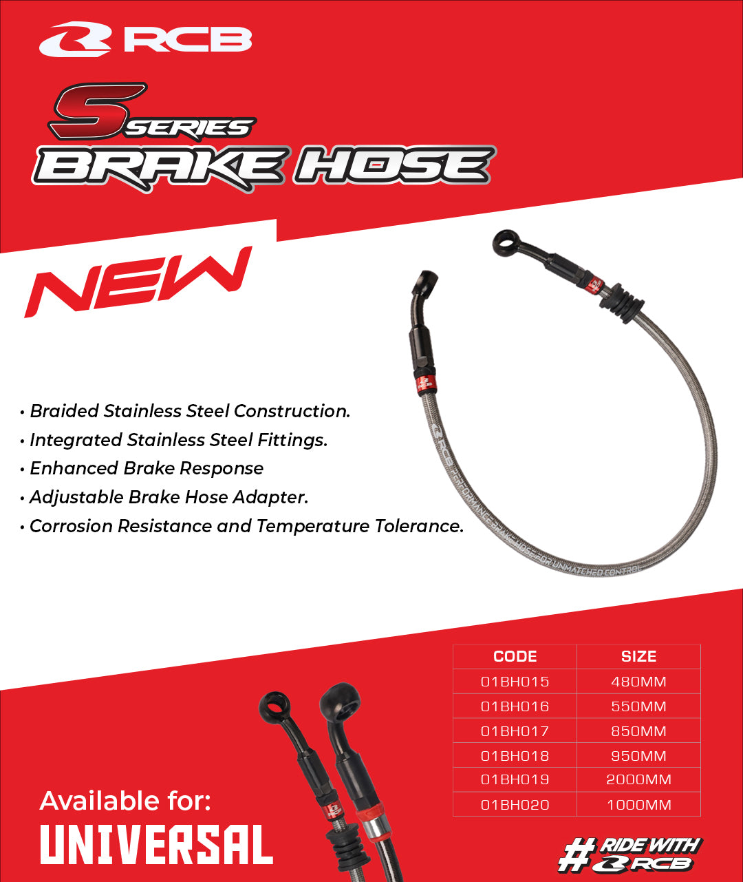 RCB BRAKE HOSE S SERIES 950MM - TITANIUM | Part 01BH018T